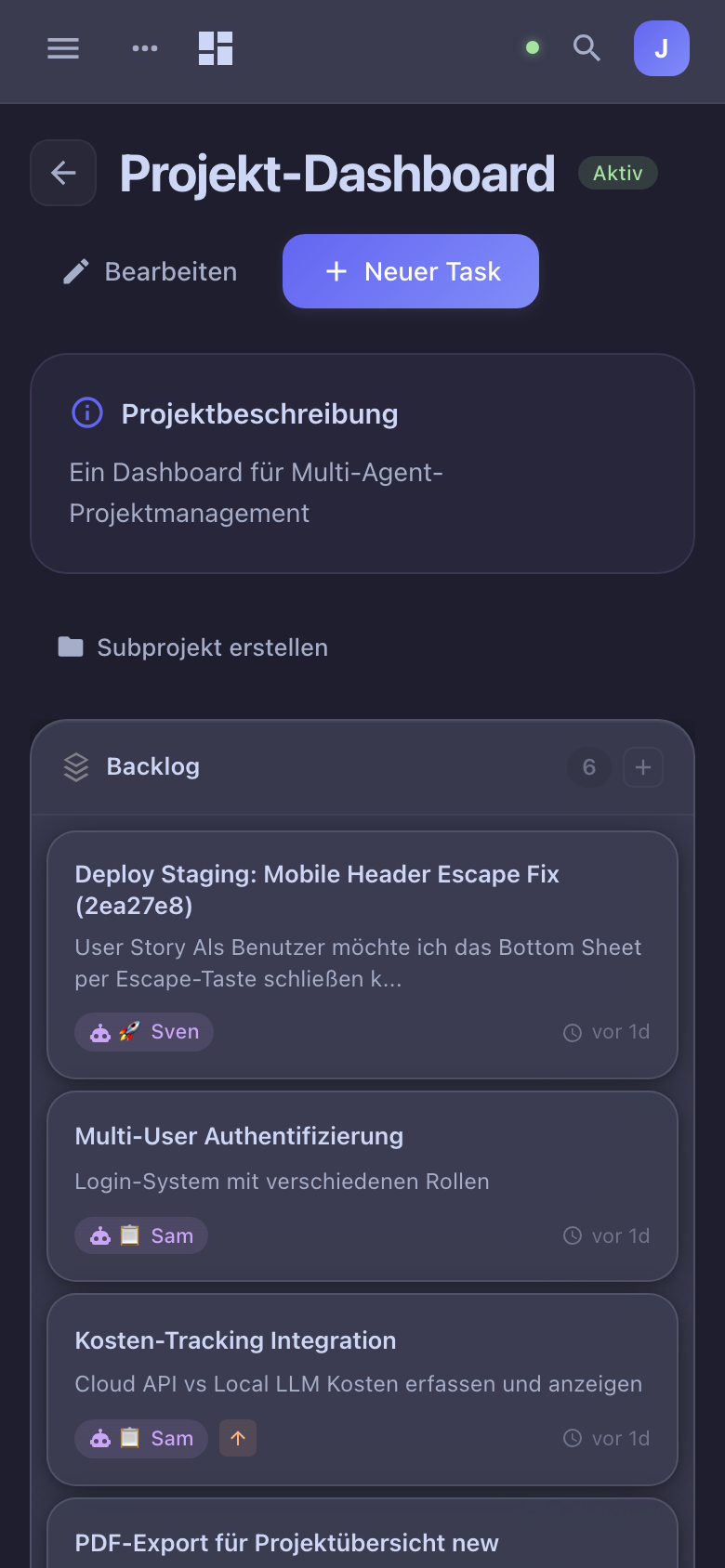 Dashboard Mobile Project Detail